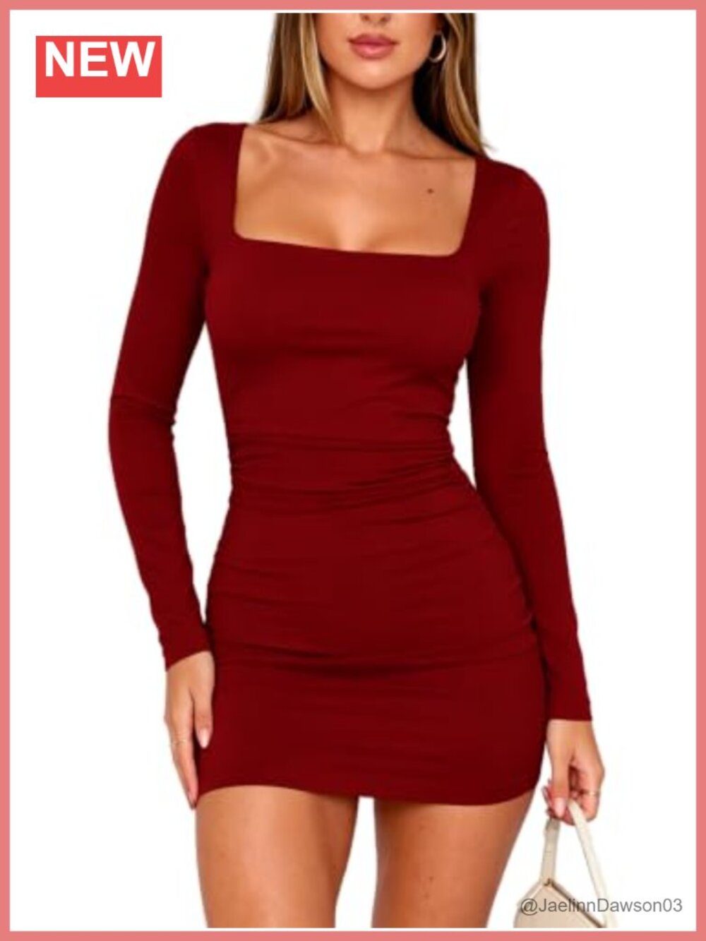 Square Neck Long Sleeve Bodycon Mini Dress Ruched Double Lined Club Party
